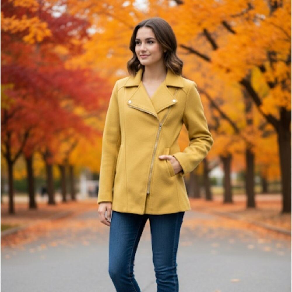 Asymmetrical Zip Moto Jacket Mustard Yellow S Retro Fall Autumn Layer Collared